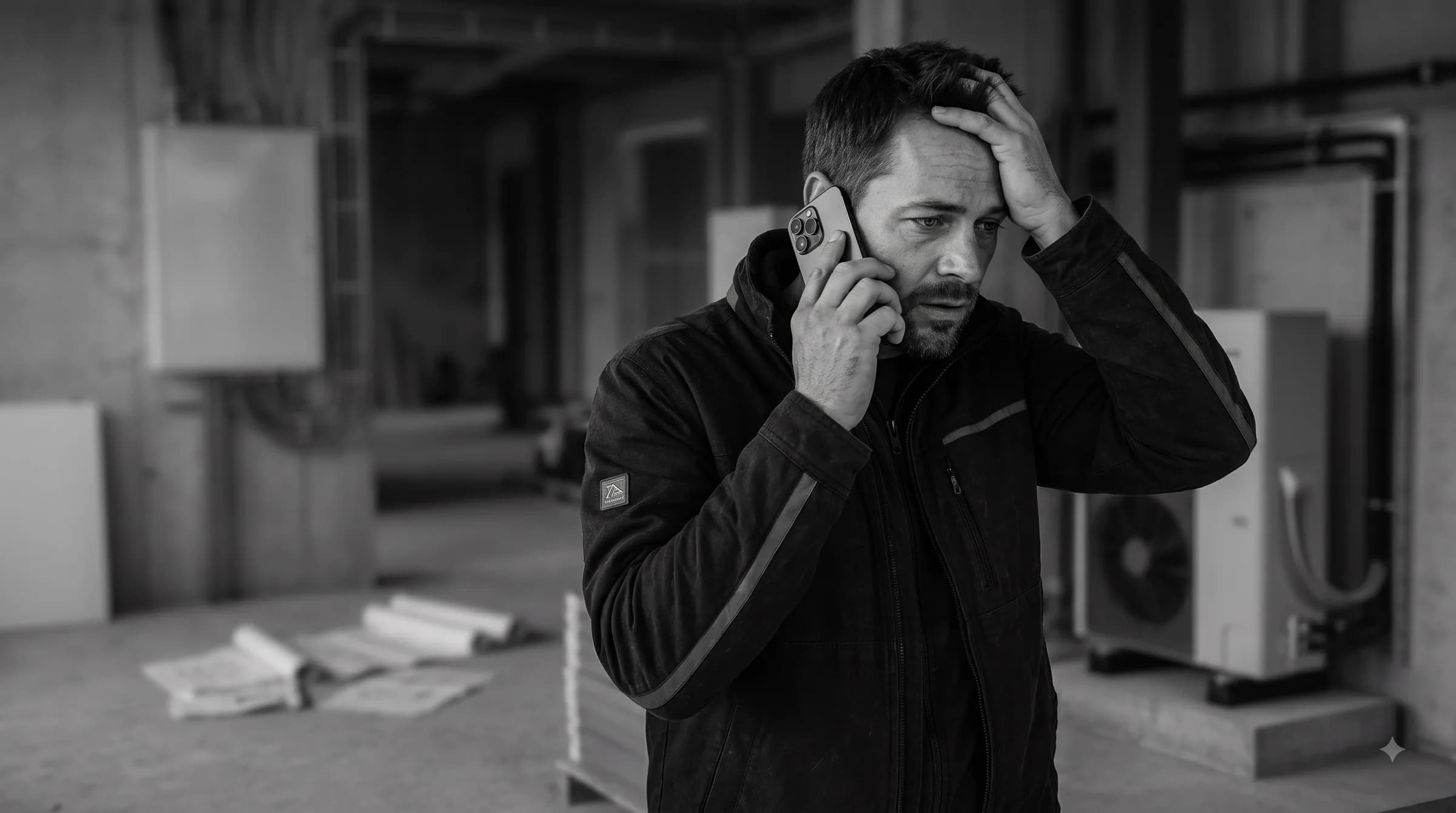 Handwerker steht gestresst mit dem Telefon am Ohr auf einer Baustelle, die Hand an der Stirn