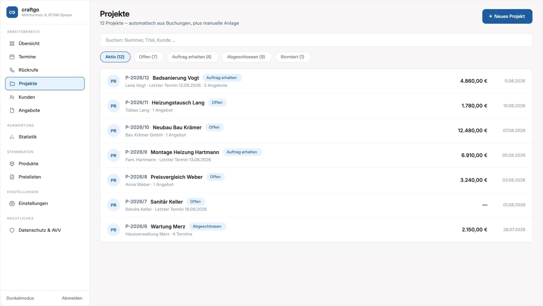 Projektliste in craftgo mit Status, Kunde und Auftragswert