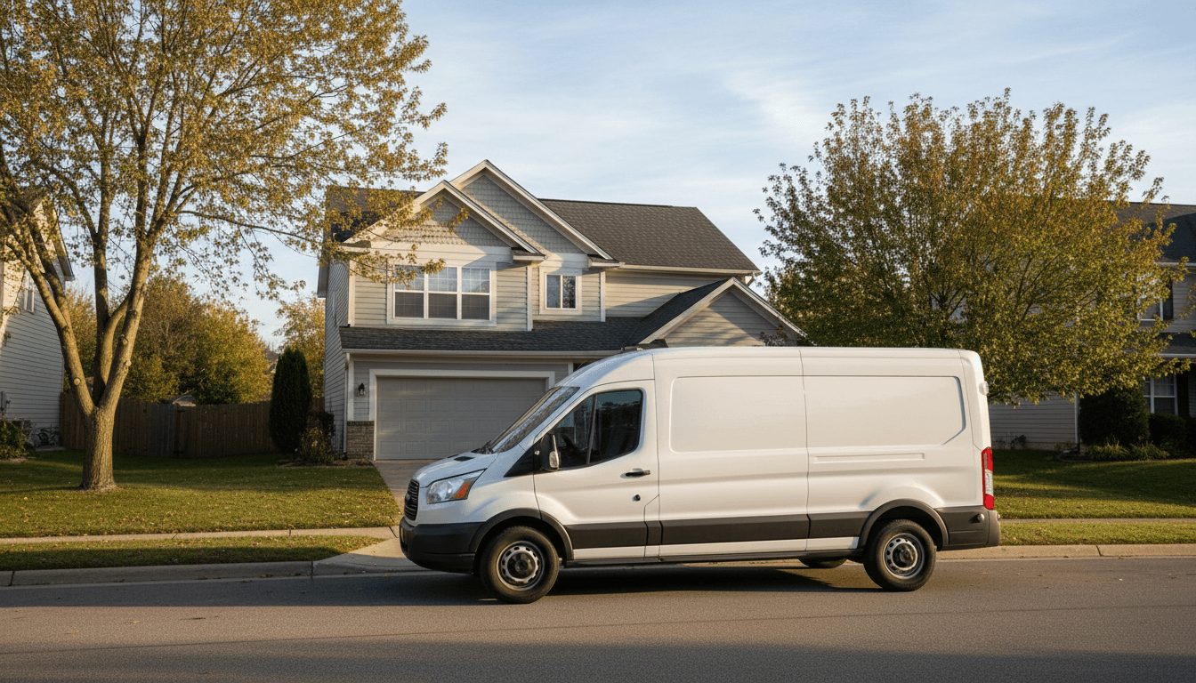 Ein weißer Kleintransporter parkt morgens vor einem Einfamilienhaus
