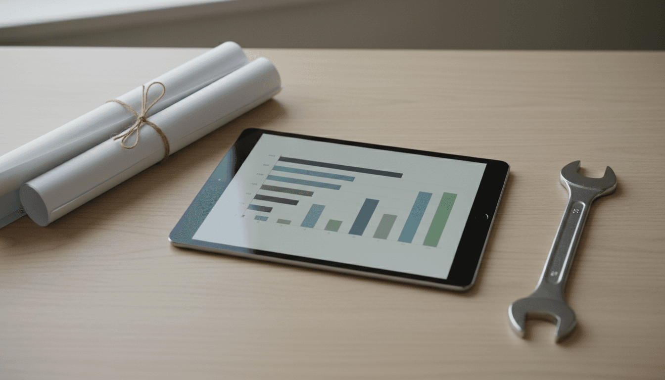 Ein Tablet mit einem Diagramm auf dem Display liegt neben Bauplänen und einem Schraubenschlüssel auf einem Schreibtisch.
