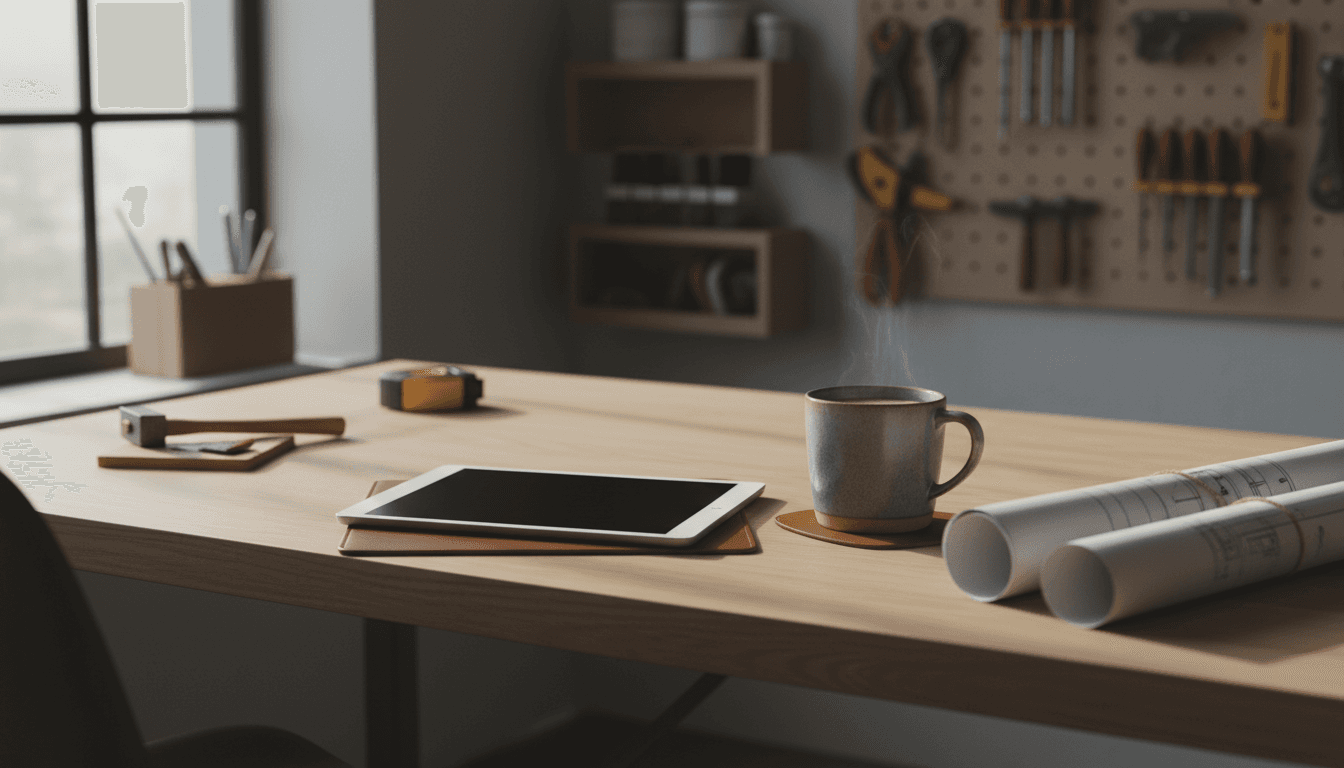 Aufgeräumter Büroschreibtisch im Handwerksbetrieb mit Tablet und Bauplänen im Vormittagslicht
